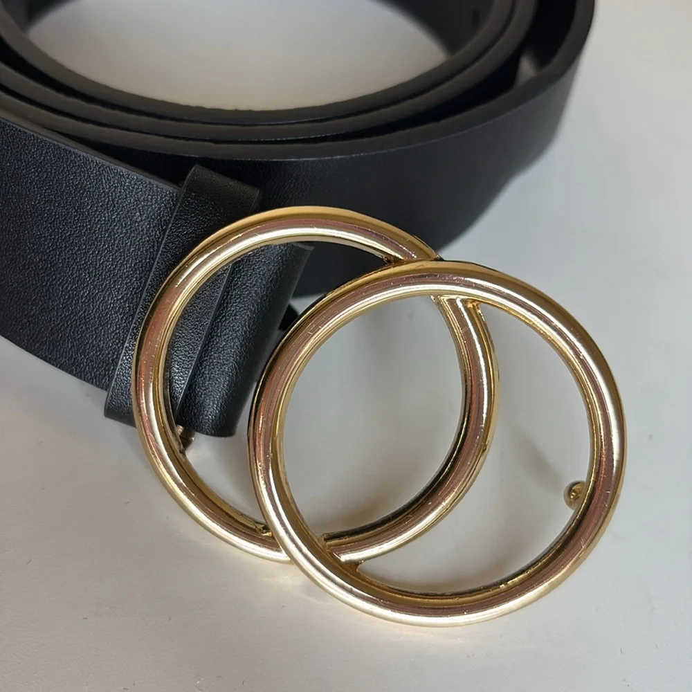 Women's Leather Black Belt Fashion Faux Leather Gold Circle Waist Belts 38-44”